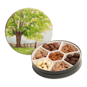 Picture showing open tin of Stuckey's Mammoth Tree Pecan Gift Tin