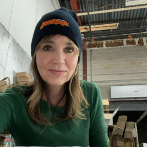 Stephanie Stuckey wearing a beanie with Stuckey's logo in front.