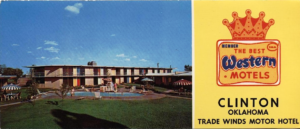 Picture postcard with image of Trade Winds Motel on one side and Best Western logo on right side from 1960s.