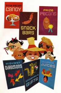 Graphic of cartoonish mon with kids looking at all the features Stuckey's has to offer from a 1960s era ad.