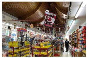 Photo of interior of Stuckey's in Summerton featuring souvenirs and cathedral ceiling. 