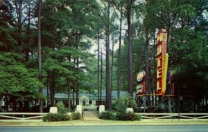 Postcard picture of wooded view of Whispering Pines Motel and Restaurant, Accomac, Virginia.