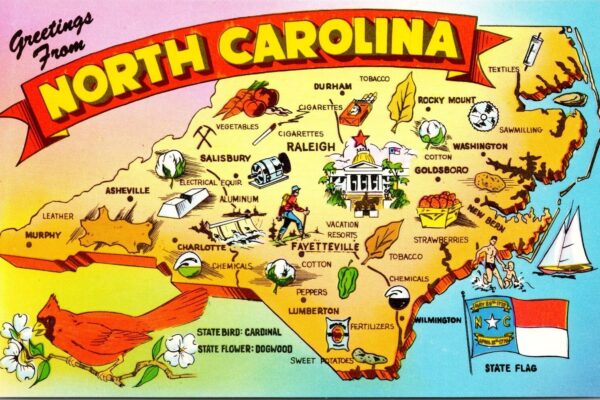 Postcard of a cartoonish map of North Carolina.