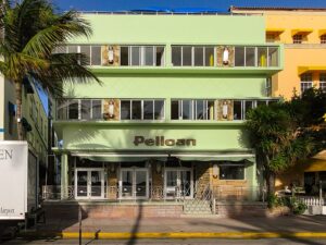 Photo of the exterior of the Pelican Hotel in Mimi Florida the way it looks today.