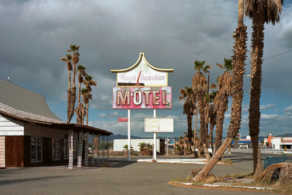 Exterior of the abandoned Arne's Royal Hawaiian Motel in Baker California.