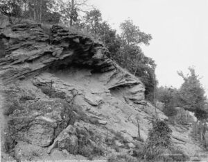Black and White picture of Prophet's Rock located in Battle Ground, Indiana